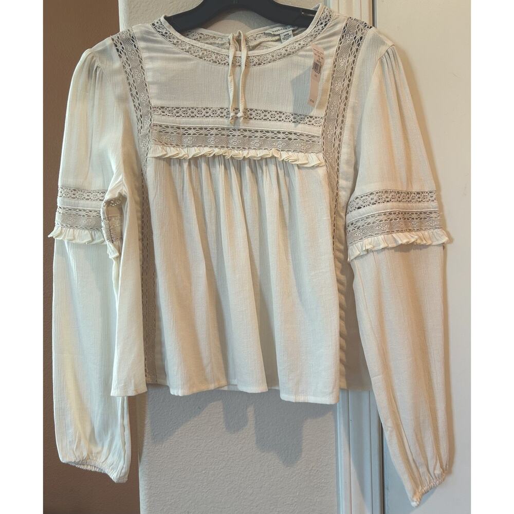 American Eagle Women’s Cream Boho Peasant Open Back Top Crochet Ruffle Small $50